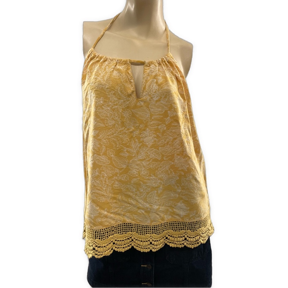 Roxy - Yellow leaf pattern Lace Trim Halter Top- M